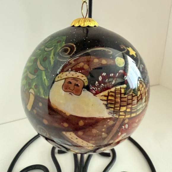 Other - Glass Santa Claus Ornament Reverse Hand Painted With Red Box Night Sky